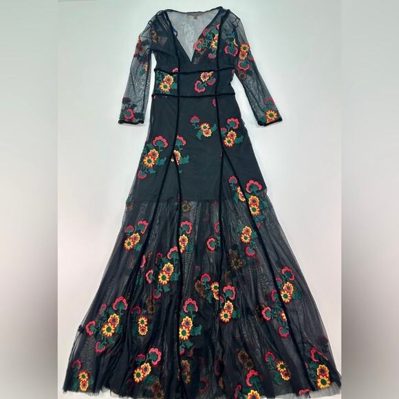 For Love & Lemons Black Mesh Embroidered Floral Maxi Jumpsuit Size XS - Picture 3 of 9